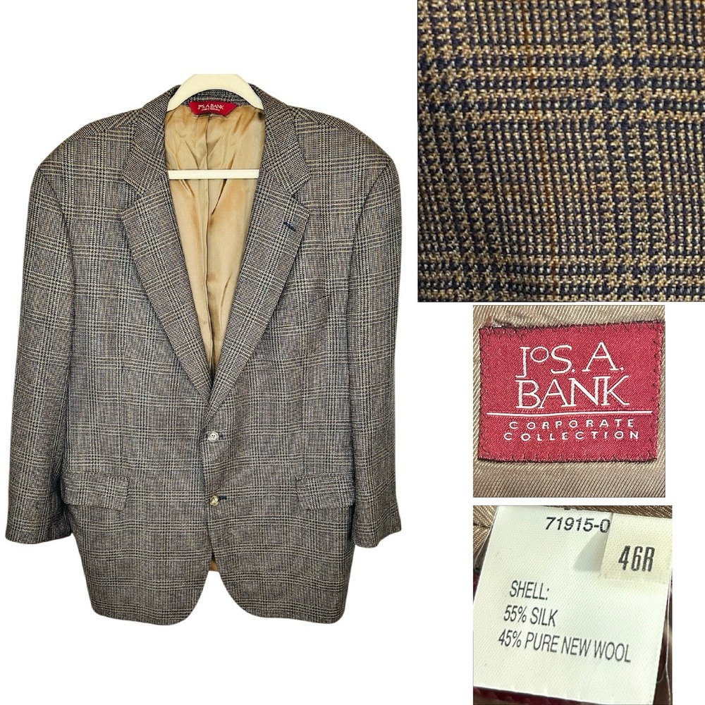 Jos‎ A Bank Sport Coat Blazer Mens 46R Silk Wool Tweed Glen Plaid Brown Tan Navy